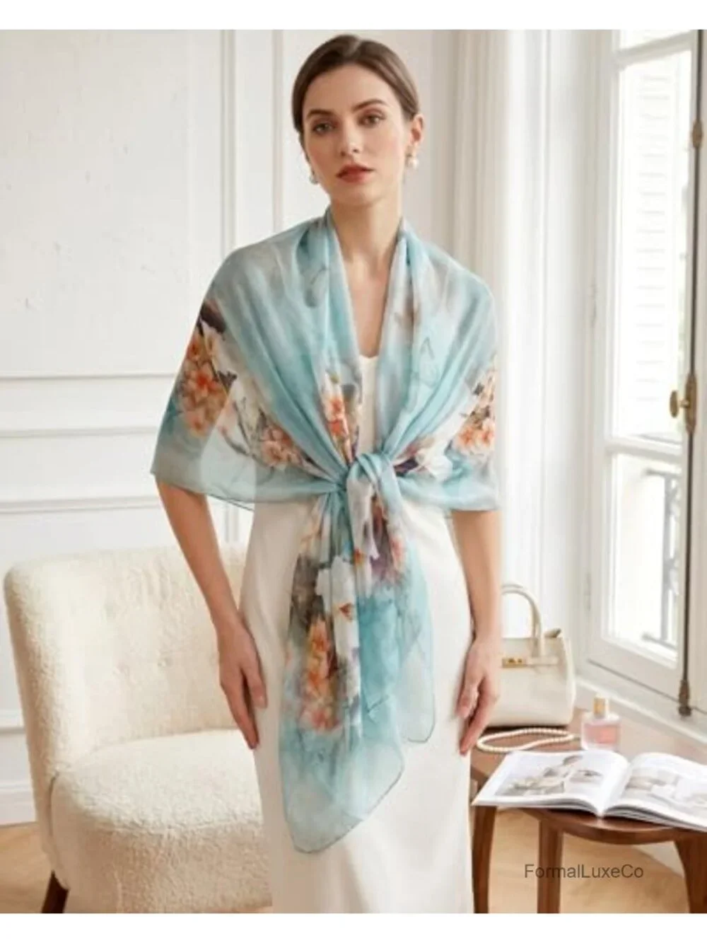 100% Mulberry Silk Chiffon Scarf 69x43 in Large Shawl Wrap Lightweight